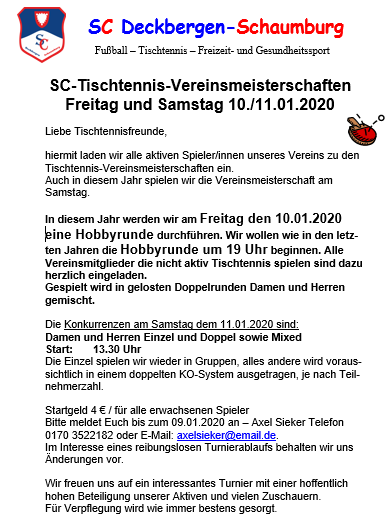 Einladung TT Vereinsmeisterschaften 2020